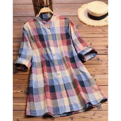 Women Casual Shirt Plaid Printed Loose Tunic Cotton And Linen Lady Blouses Tops Autumn Long Sleeve Shirts рубашка женская