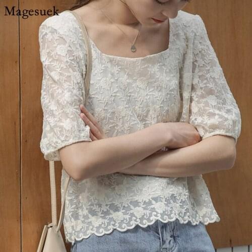 Vintage White Crochet Lace Shirt Women Short Sleeve Square Collar Tops Puff Sleeve Summer Shirts Blusas Mujer De Moda 2021 10219