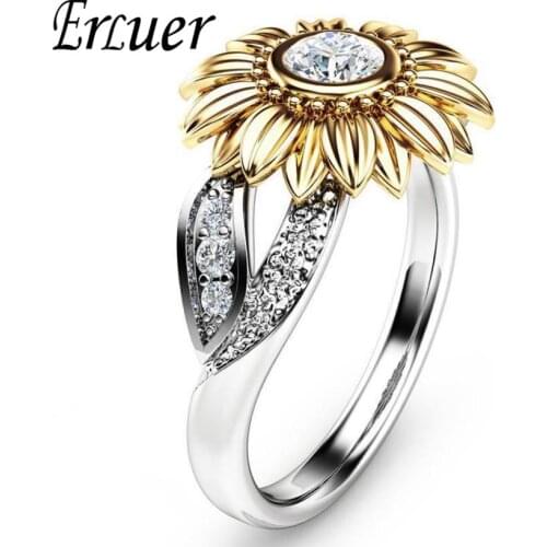 ERLUER Silver color Crystal Zircon colours Stone Sunflower Rings Women Austrian Crystal Engagement Party Jewelry love Gift ring