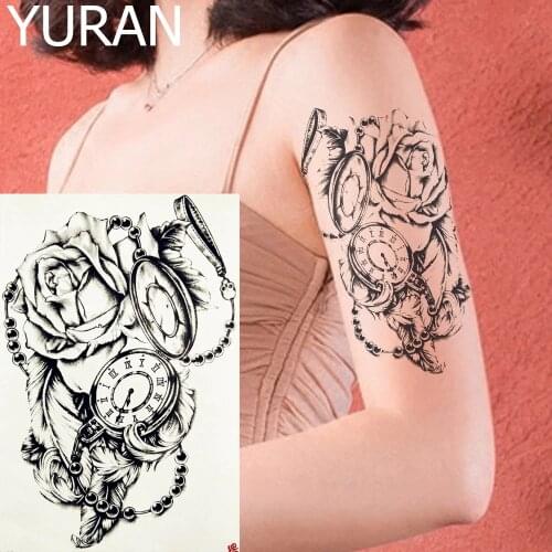 Women Arm Old Clock Tattoos Temporary Black Sketch Rose Chains Art Tattoo Stickers Big Neck Legs Tatoos Waterproof Compass