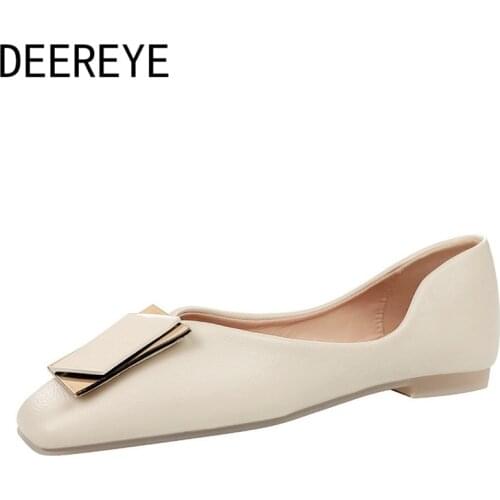 Plus Size 33-43 Korean Ladies Ballet Flats Soft Office Summer Slip-on Square Toe Metal Buckle Autumn Shoes Woman Brands Luxury