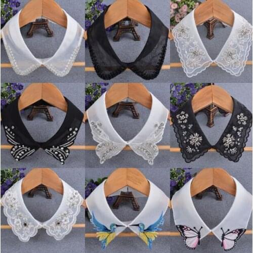 Womens Fashion lace chiffon fake collar ladys white black beaded embroidery rhinestone Ties & Detachable Collar R490