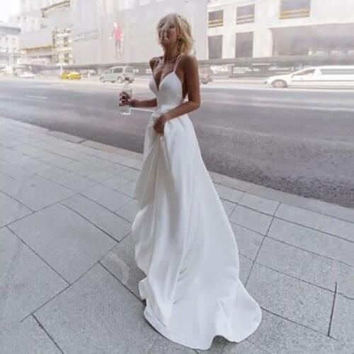 On Zhu Satin A Line Wedding Dresses Beach Spaghetti Straps V Neck Bride Gowns 2022 Abito Da Sposa Backless Wedding Gowns