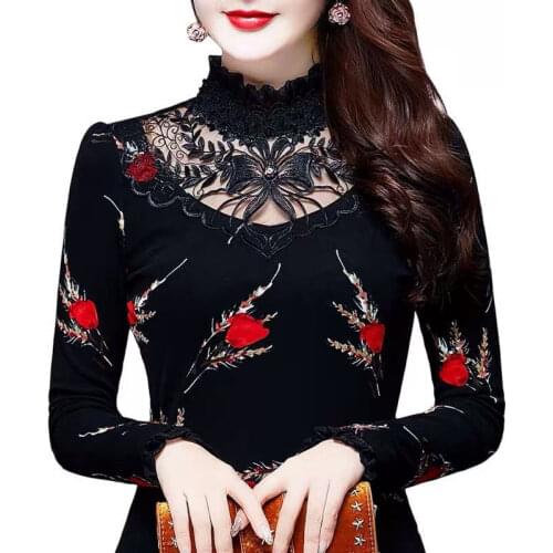 2020 Autumn Winter Women Thick Lace Fleece Print Tops Female Hollow Out Bottoming Shirt & Blouse Feminina Blusa Plus 5XL Black