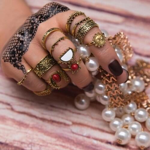 AE-CANFLY Boho 14pcs/set Indian Style Natural Opal Stone Ring Set for Women Man Moon Face Knuckle Rings Fashion Jewelry
