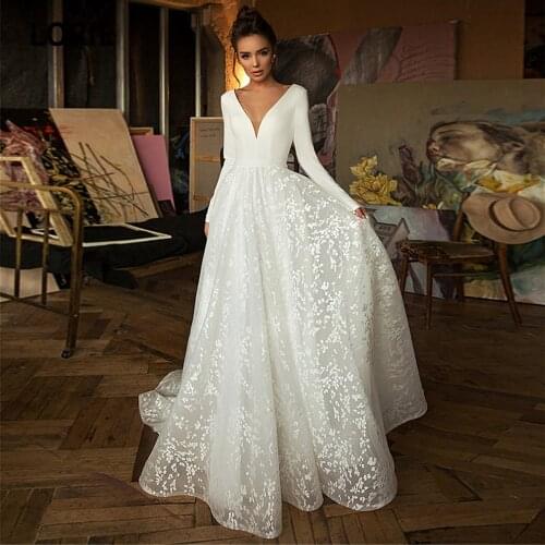 LORIE White Lace Wedding Dresses Boho 2020 Long Sleeve V-neck A-line Beach Bridal Gowns Satin Backless Plus size Custom-made