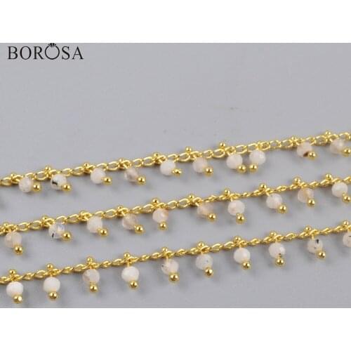 BOROSA 3Meters 2mm Natural Moonstone Beads Faceted Chains Natural White Stone Beaded Brass Chains in Gold Plated JT258