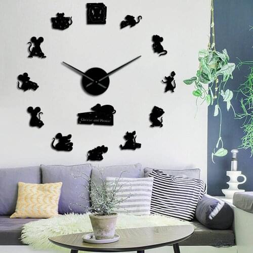 Fuuny Mouse and Cheese 3D DIY Wall Clock Cartoon Animals Kid Room Wall Art Decor Mice Stealing Cheese Whimsical Time Clock