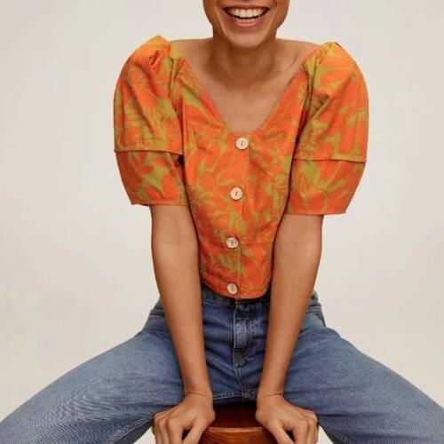 Hot sale ladies V-neck bubble short-sleeved shirt tropical print shirt female short temperament blouse