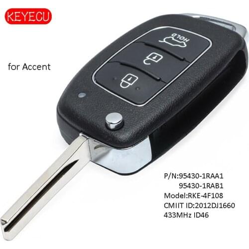 Keyecu Flip Remote Key Fob 3 Button 433MHz ID46 Chip for Hyundai Accent 2013-2015 P/N: 95430-1RAA1