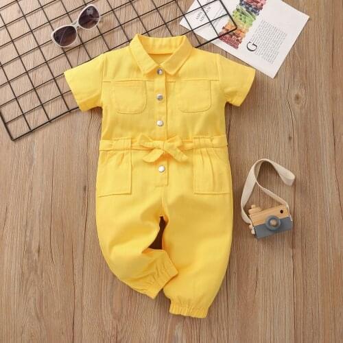 Toddler Baby Girl Jumpsuit Romper Button Pink Pocket Casual Work Clothes One Piece Standing Collar Pocket Short Sleeve Clothes