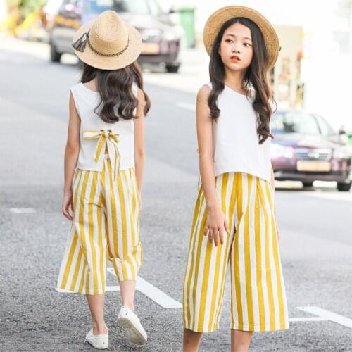 2021 Summer Girls Casual Clothing Sets Children Sleeveless Tops+Stripes Wide-leg Pants Outfits 2Pcs Kids Outfits 8 10 12 14 Year
