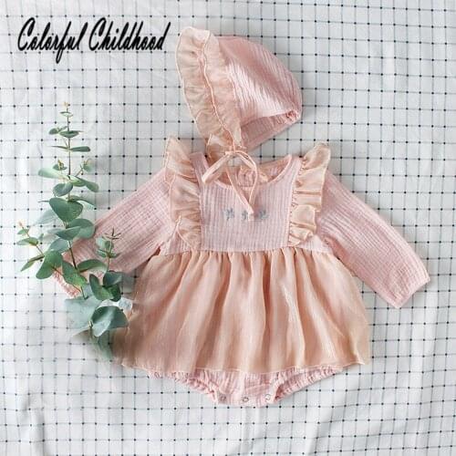 Girls lace romper autumn cotton long sleeve jumpsuit toddler baby clothing set infant kids overalls children pajamas+hat