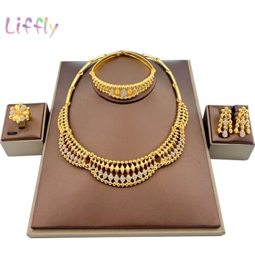 Liffly Nigeria Elegant Bridal Necklace Bracelet Earrings Ring Luxury Jewelry Wedding Fashion Jewelry Sets Party Gift