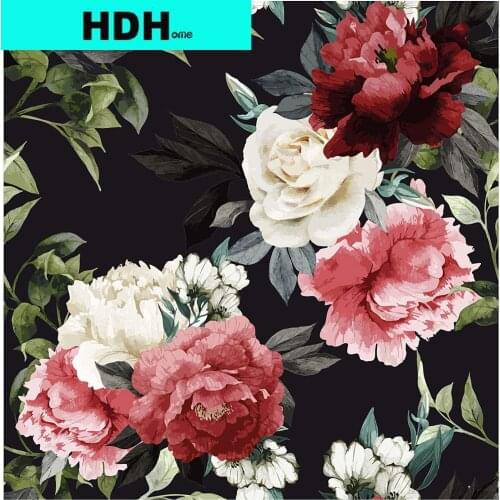 Multicolor Floral Peel and Stick Wallpaper Black Background Vintage Flower Contact Paper Vinyl Self-Adhesive Vintage Wall Paper