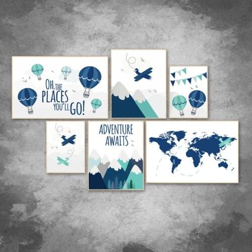 Wall Art Canvas Painting Cartoon Plane Hot Air Balloon World Map Nordic Posters And Prints Wall Pictures For Kids Room Decor