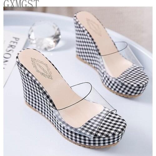 New Summer Womens Slippers Fashion Plaid Cloth Wear-resistant Square Head Wedge Heel Thick Bottom Waterproof Platform Sandals
