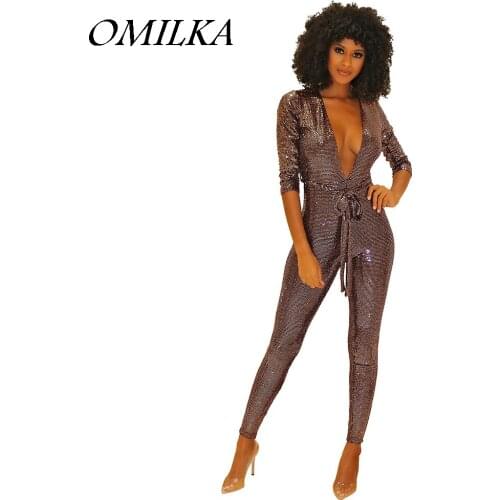 OMILKA 2018 Autumn Winter Women Long Sleeve Deep V Neck Bandage Bodycon Rompers and Jumpsuits Sexy Gold Club Party Shiny Overall