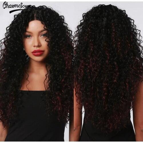 CharmSource Curly Long Lace Part Synthetic Wigs Black Brown for White Black Women Daily Hair High Density Heat Resistant Wig