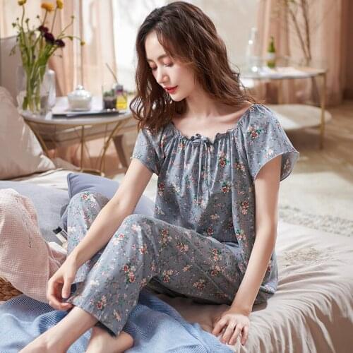 Summer cotton pajama set women blue small flower sleepwear casual short sleeve tops and long pants pyjamas female home clothes