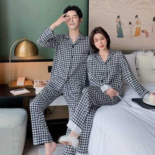 Lovers Pajamas Set Casual Women Sleepwear 2 Pieces Shirt&Pants Faux Silk Nightwear Couples Solid Pyjamas Satin Loungewear