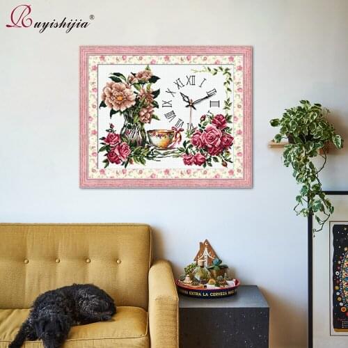 RUYISHIJIA cross-stitch sets flowers embroidery kits with printed pattern Wall Home Needlework Painting Clock Decoration dmc