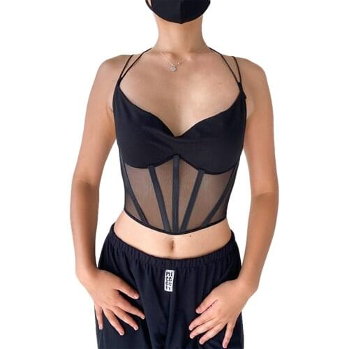 Sexy Mesh Patchwork Backless Bandage Camis Women Sleeveless Solid Slim Fit Lace Up casual Fashion Crop Top Club Tank Tops