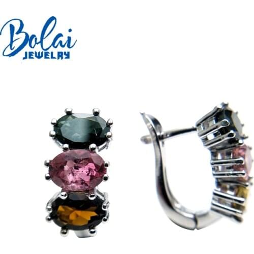 Bolaijewelry,natural multicolor tourmaline oval 5*7mm gemstone clasp earring 925 sterling silver fine jewelry women gift box
