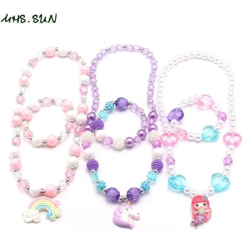MHS.SUN 1Set Elastic Beads Necklace Bracelets Charm Rainbow/Unicorn/Mermaid Pendant Beaded Jewelry Set For Baby Girls Gifts New