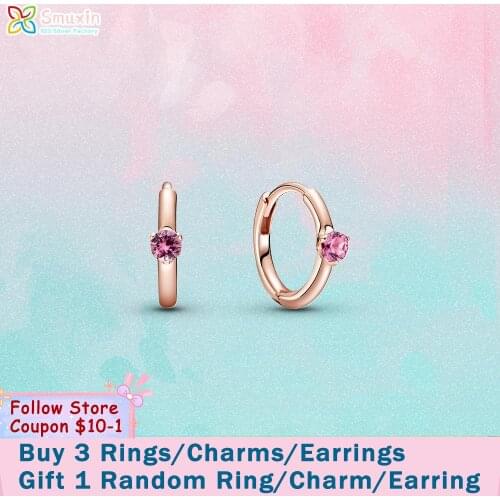 Smuxin 925 Sterling Silver Stud Earring Pink Solitaire Huggie Hoop Earrings Cubic Zirconia Stud Earrings Women Earrings