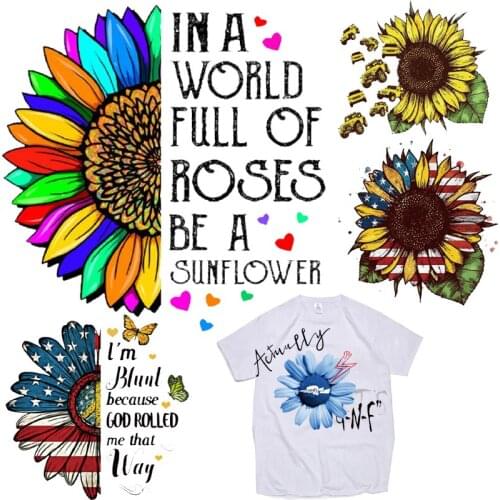 Letter Flag Sunflower Patches Flower Thermal Sticker on Clothes Iron-on Transfers for Clothing Thermoadhesive Patch Diy Applique