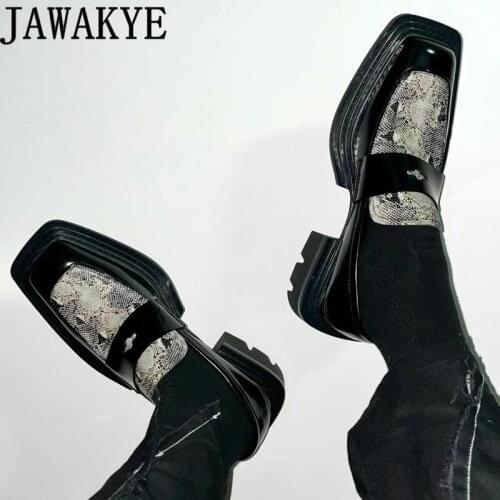 Square toe Thick heel Loafers Shoes for Woman British Style Real Leather Casual Flat Shoes Black Formal Suit Runway Shoes Mujer