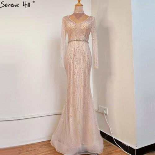 Serene HillDubai Mermaid Pink Beading Sequined Evening Dress V-Neck Long Sleeves Luxury Formal Party Gown 2020 CLA70526