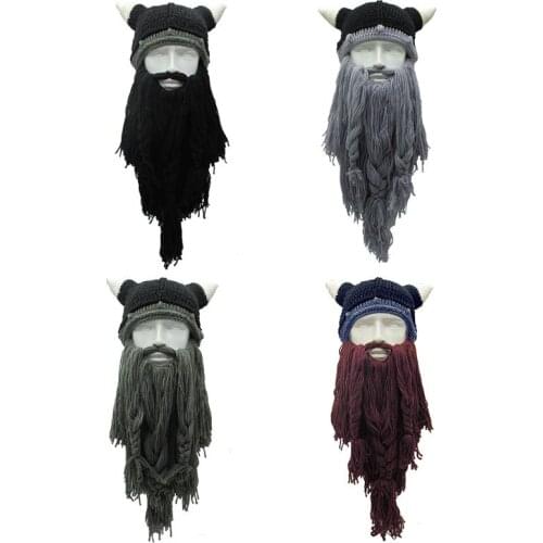 Adult Crazy Funny Halloween Cosplay Knitted Viking Beard Horn Hat Ski Mask Barbarian Vagabond Vintage Beanie Cap Winter Warmer
