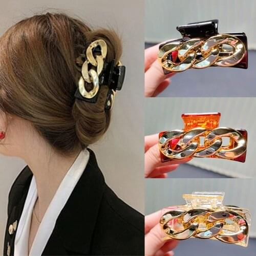 Korean Acrylic Chain Big Hair Claw For Women Fashion Jewelry Elegant Imitation Pearl Metal Hairpin Girl Vintage Hair Accessories