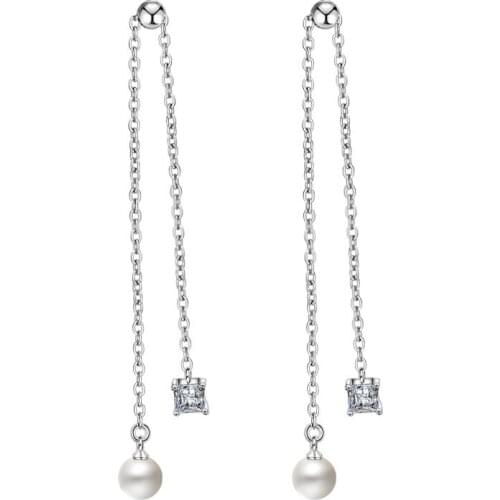 New Arrivals Plastic Pearl CZ Zircon 925 Sterling Silver Ladies`Long Tassel Stud Earrings Original Jewelry For Women Oorbellen