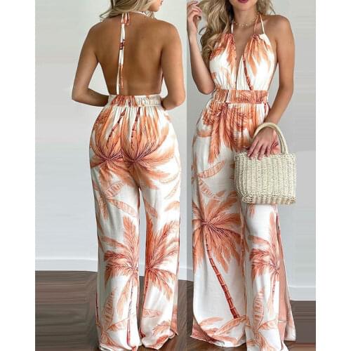 2021 New Style Women Floral Print Long Jumpsuits Summer Sleeveless Deep V-neck Backless Halter Loose Jumpsuit For Holiday
