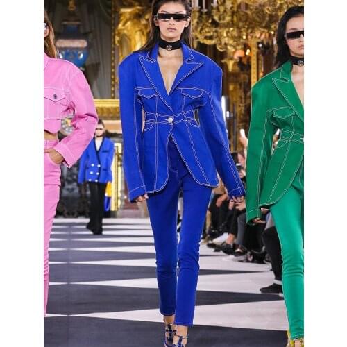 2021 Fashion Runway Green Blue Blazer Womens Jacket Widened Shoulders Stitching Single Button Womens Denim Blazer Wholesale