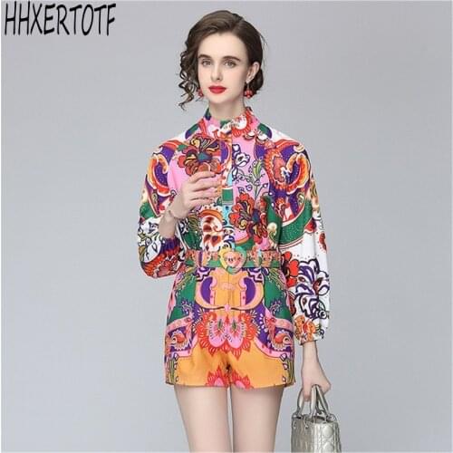 2021 summer fashion Casual women stand collar shirt tops+ high-waist wide-leg shorts two-piece holiday Casual suit