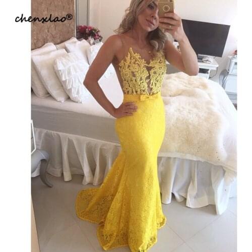 Appliques Lace Pearls Long Yellow Prom Dress Sleeveless Scoop Mermaid evening Dress floor Length Pageant Dress For Women