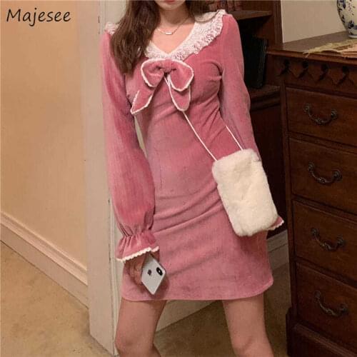 Long Flare Sleeve Dress Bow Lace Patch-design Pink Mini Fitness Slim Korean Style Office Lady Streetwear Party Dresses Fashion