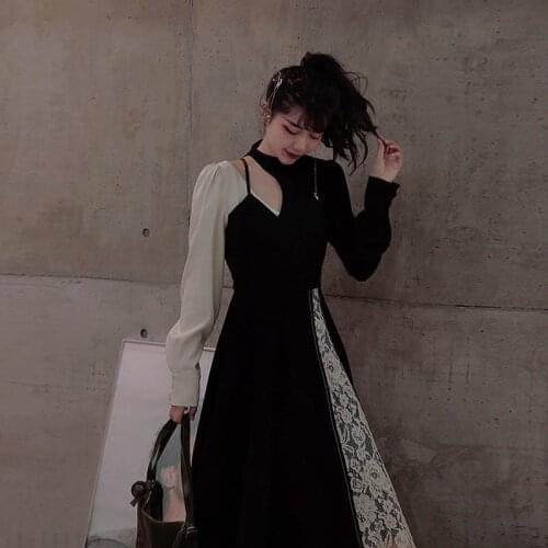 Ins Goth Sexy Black Dress Gothic High Waist Long Sleeve Vintage Lolita Elegant Party Night Slit Female Outwears Princess Pari
