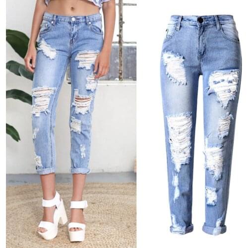 2016 Big Hole Jeans Women Fashion Ladies Cotton Denim Pants Stretch Womens Ripped Skinny Jeans Denim Jeans For Female 1574