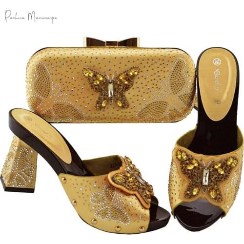 2020 New Coming Italian Design Ladies matching shoe and bag set african wedding Women Shoe and Bag set in Gold Color for Party