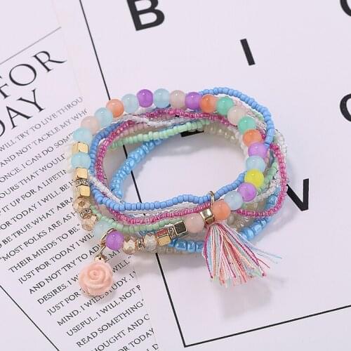 2020 Bohemia Tassel Multilayer Beads Bracelets For Women Boho Rose Flower Charm Bracelets Set Femme Pulseras Mujer Jewelry