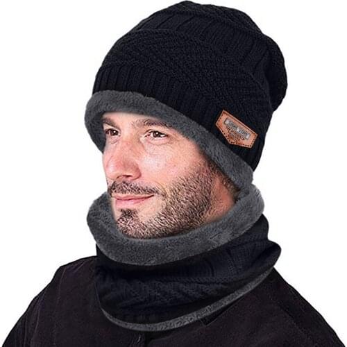 2021 MenS Warm Knitted Big Bib And Woolen Hat Two-Piece Knit Thicke Windproof Cap Warm Beanie Winter Cap old Protection Warm