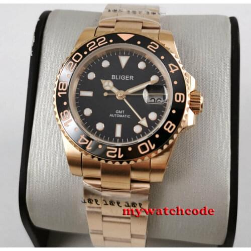 40mm bliger black dial rose golden case sapphire glass GMT automatic mens watch