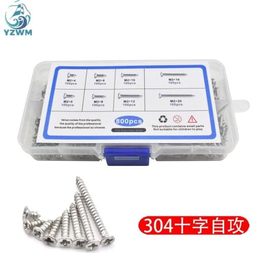800pcs Cross Border Hot Sale M2 Stainless Steel 304 Cross Countersunk Flat Head Self Tapping Screw Set Gb846 Various Screws