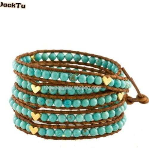 Free shipping fashion jewelry green beads with sweet heart on natural brown leather lovly wrap bracelet