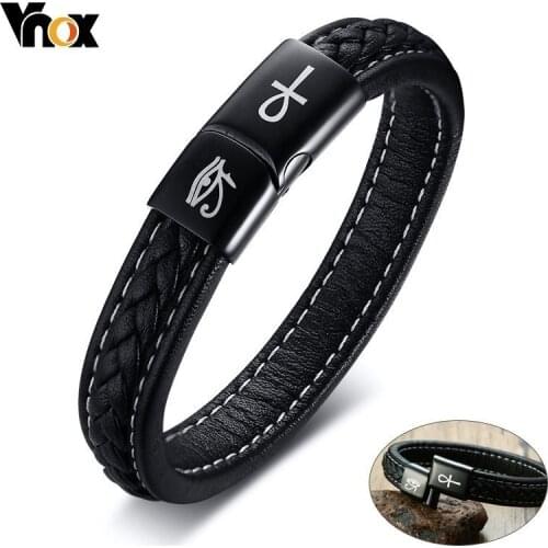 Vnox Engraved Ankh Cross Eye of Horus Bracelets for Men Black Genuine Leather pulsera masculina 19/21/23cm